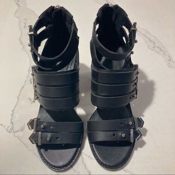 SHELLYS LONDON Sz 5 Stacked 2.5” Heel Buckle Accents Sandals - Picture 2 of 10